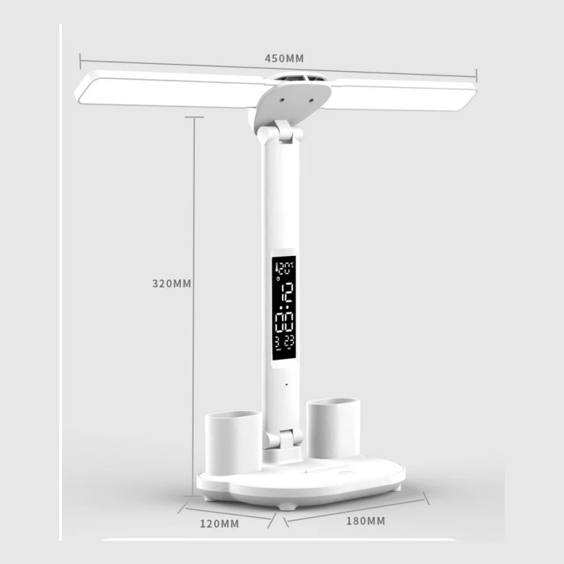 Lampe de bureau LED Lampe de Table USB Double Tête Dimmable Luminosité avec Porte Stylo, Écran Heure/Calendrier/température - 2