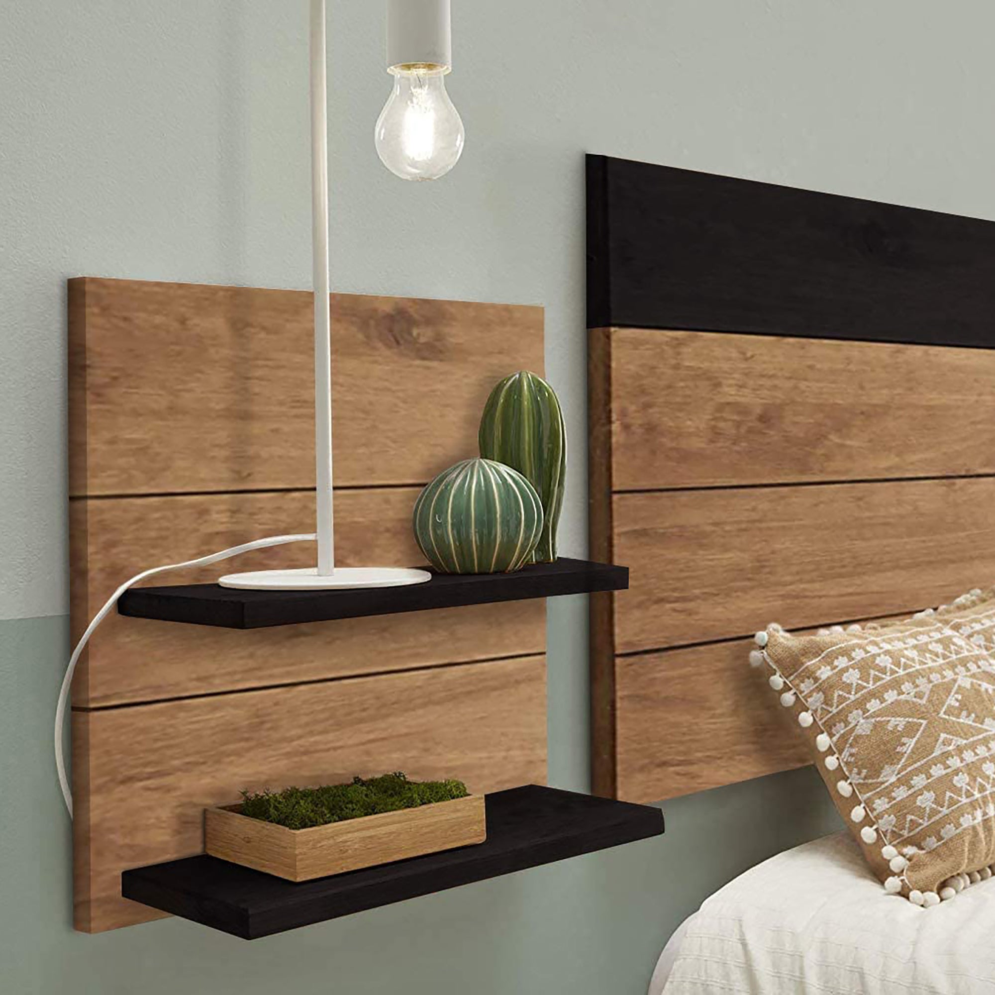 Cabecero madera encerado y negro 150cm y 2 mesitas madera con estantes - 3