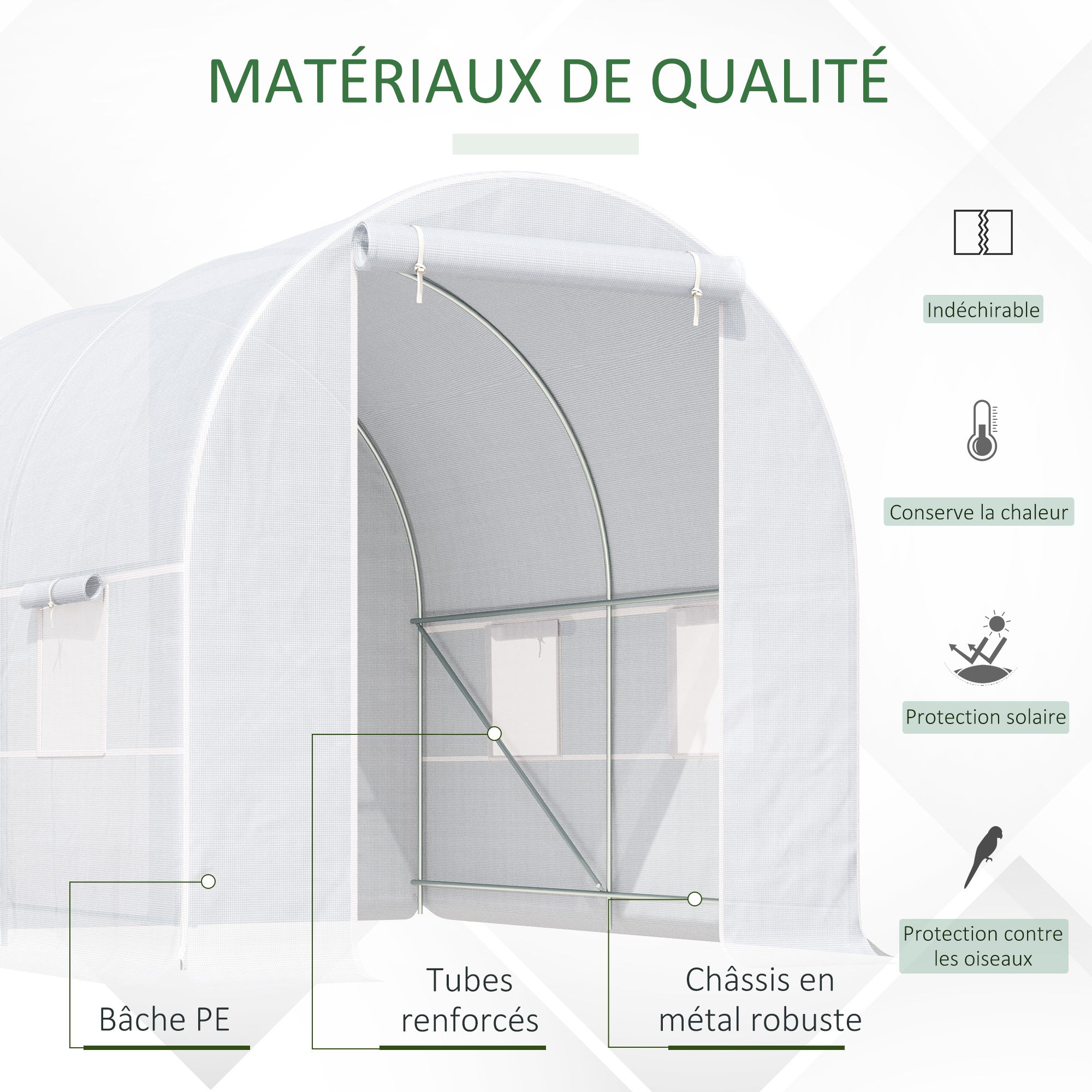 Serre tunnel de jardin - Outsunny - 5m² 245x200x200 cm - porte 4 fenêtres - cadre en métal, bâche PE haute densité 140 g/m² - blanc - 4
