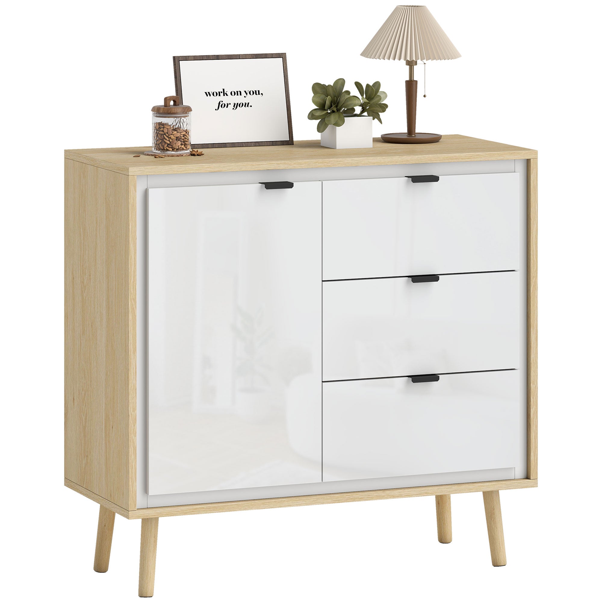 Aparador, mueble de salón, mueble de cocina con 2 puertas, 3 cajones y balda regulable, 80x35x77cm, color blanco