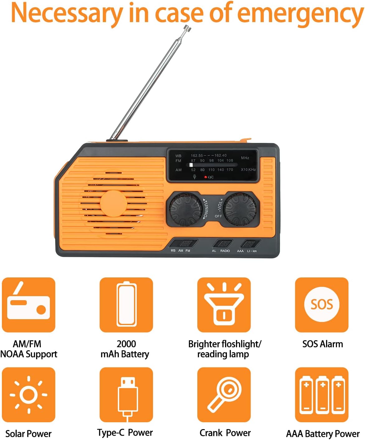 Radio solar AM/FM/NOAA, manivela linterna LED, batería 2000mAh, alarma SOS y cargador para teléfono.Ideal para emergencias y actividades al aire libre - 3