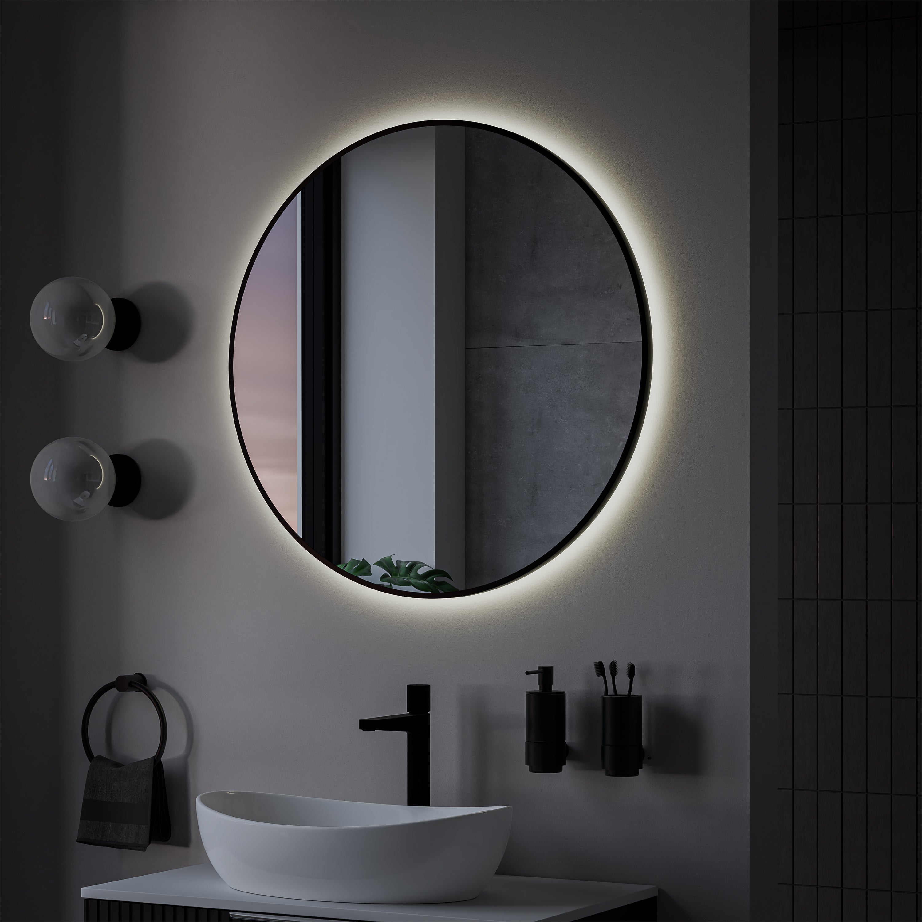 BERNSTEIN - Miroir rond design cadre noir éclairages LED détecteur mouvements et réglage de lumière, pour salle de bain - 8232-2.0 - Ø 80cm - 3