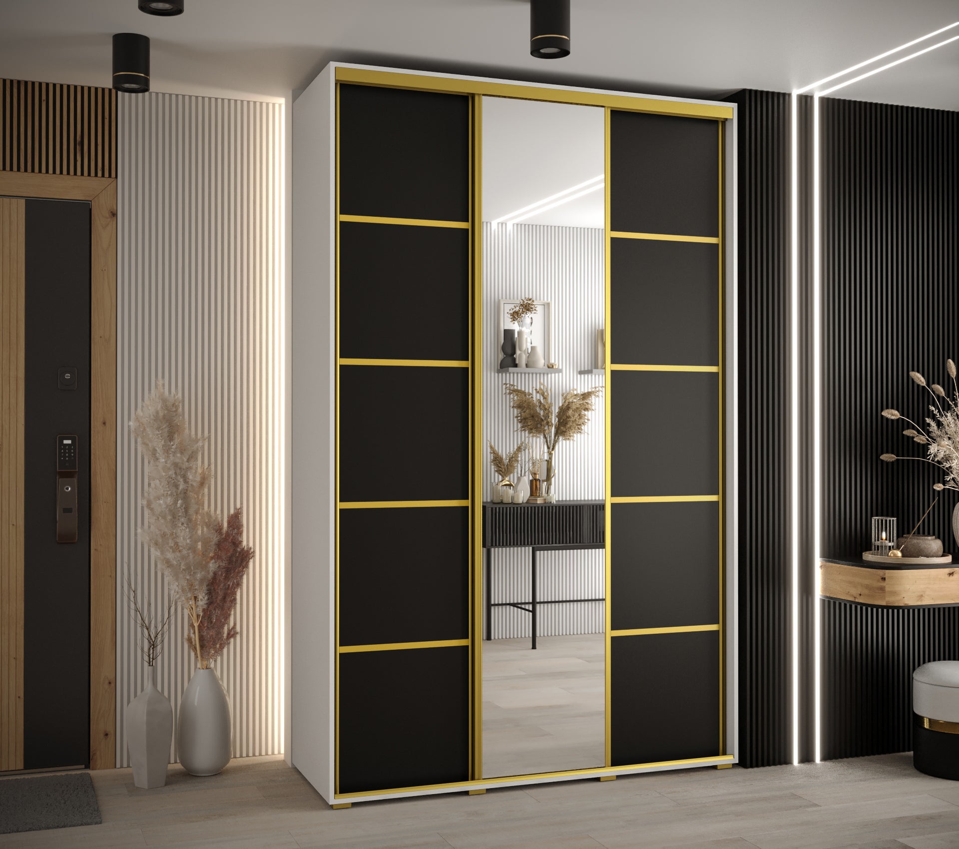 Szafa przesuwna z lustrem wysoka Davos 5 160 x 60 x 235,2 cm biały + czarny + u. złoty - Abiks Meble - 2