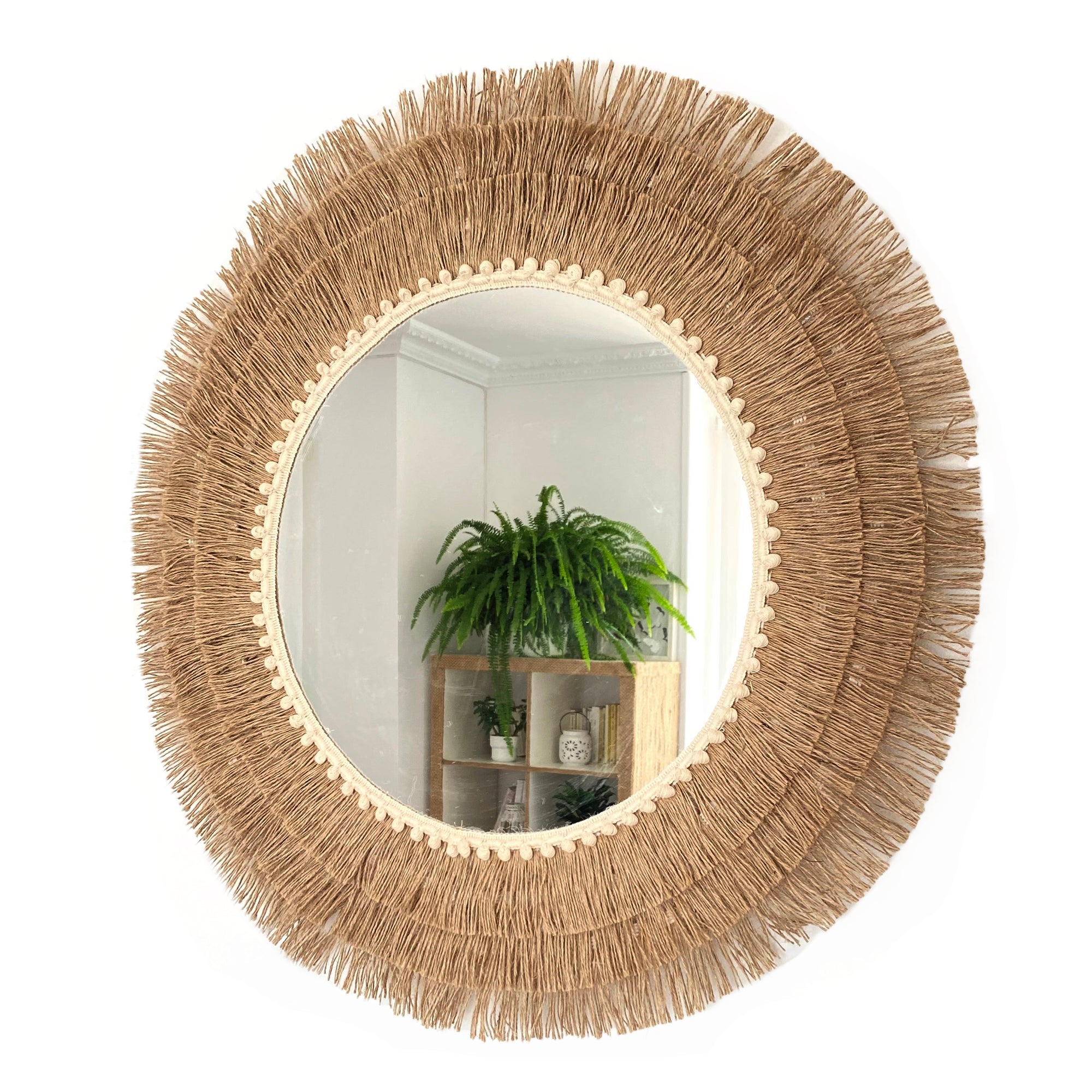 Miroir rond en corde de jute naturelle, franges et fibres naturelles Décoration murale de style ethnique - MIRROR JUTE III BALLS 35cm - 6