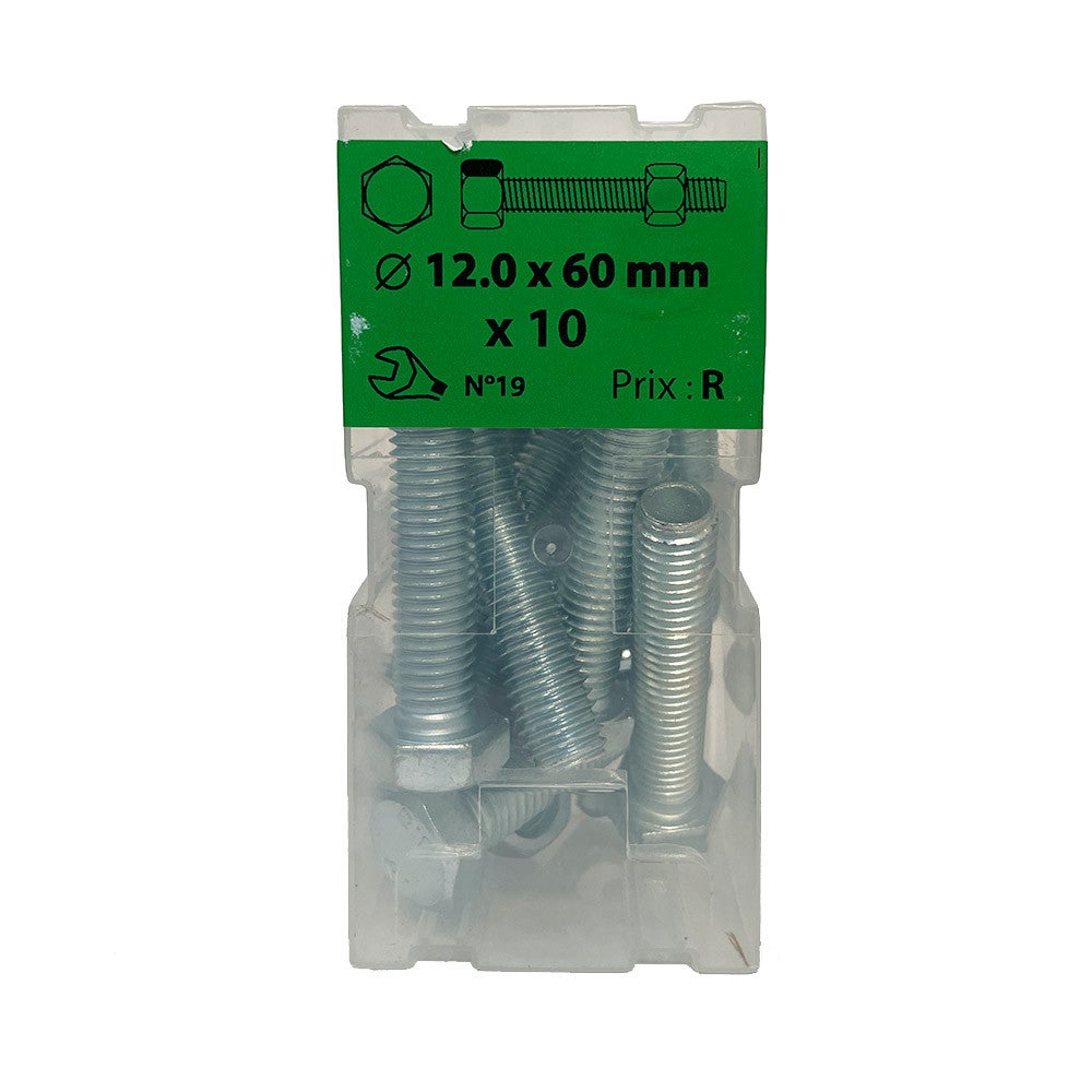 Boite 10 vis 12 x 60mm tête hexagonale + écrou classe 8.8 zingué ...