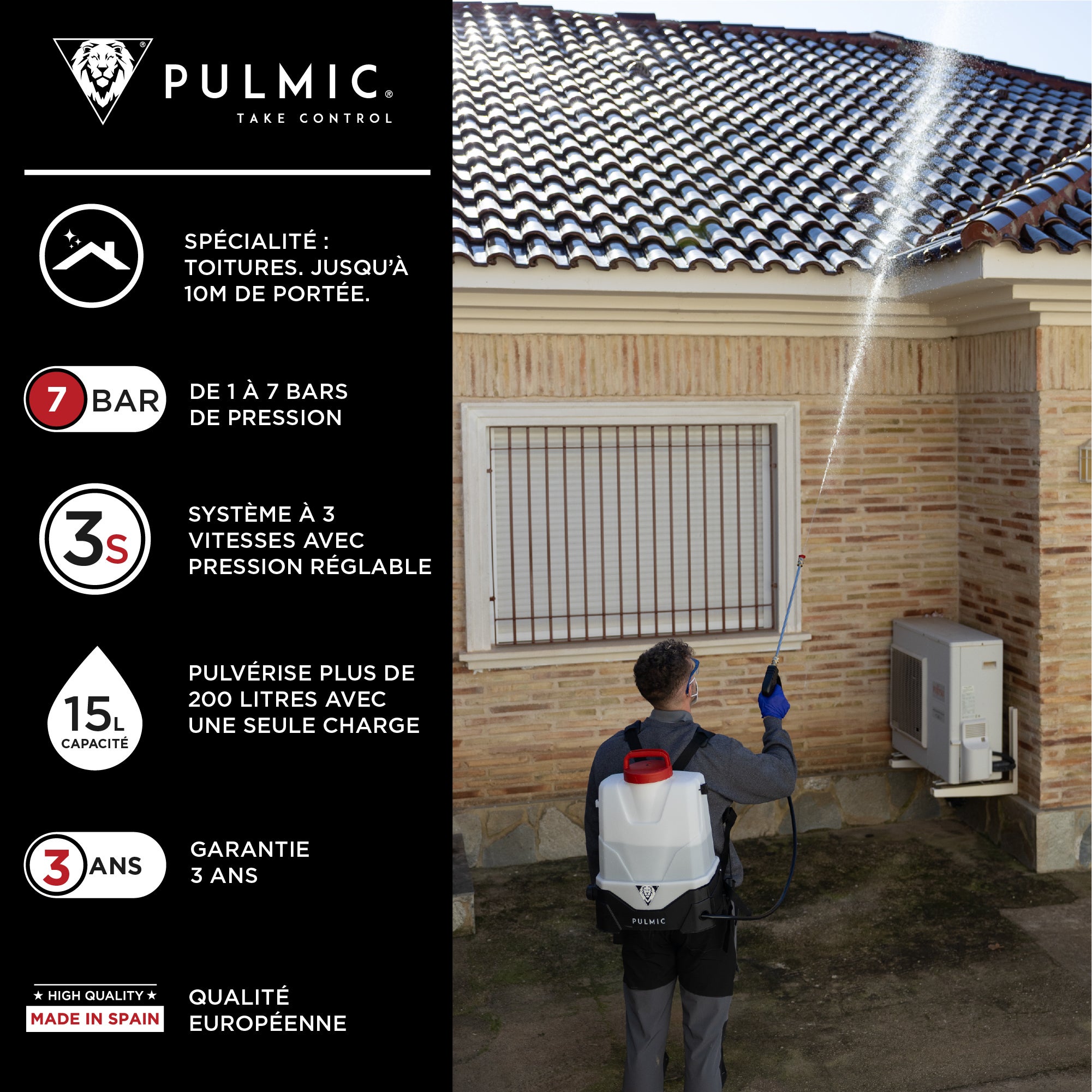 Pulvérisateur Électrique Spécial Toiture et Nettoyage, 7 Bars Projette à 10m avec Lance en INOX, Kit de Buses, Batterie 18V, Réservoir 15L, Démoussage - 4