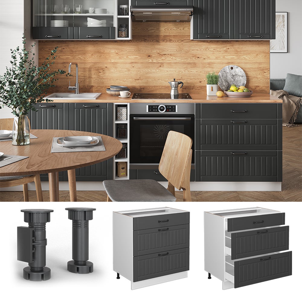 Vicco Meuble cuisine Fame-Line, Anthracite campagne, 80cm avec 3 tiroirs, sans PT - 2