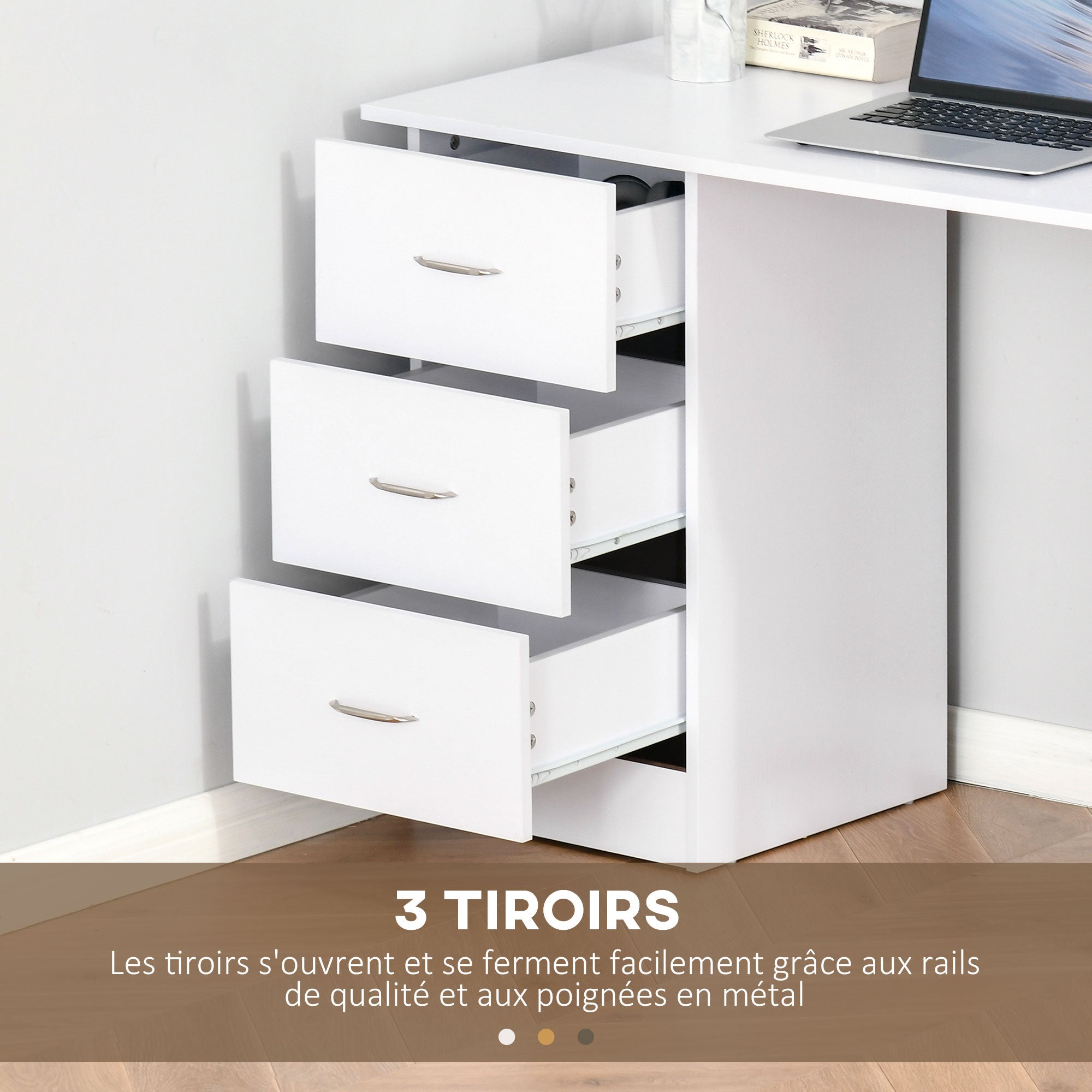 Bureau avec rangement, table informatique 120 x 50 cm, bureau d'ordinateur avec étagères et tiroirs, pour petits espaces, chambre à coucher, blanc - 7