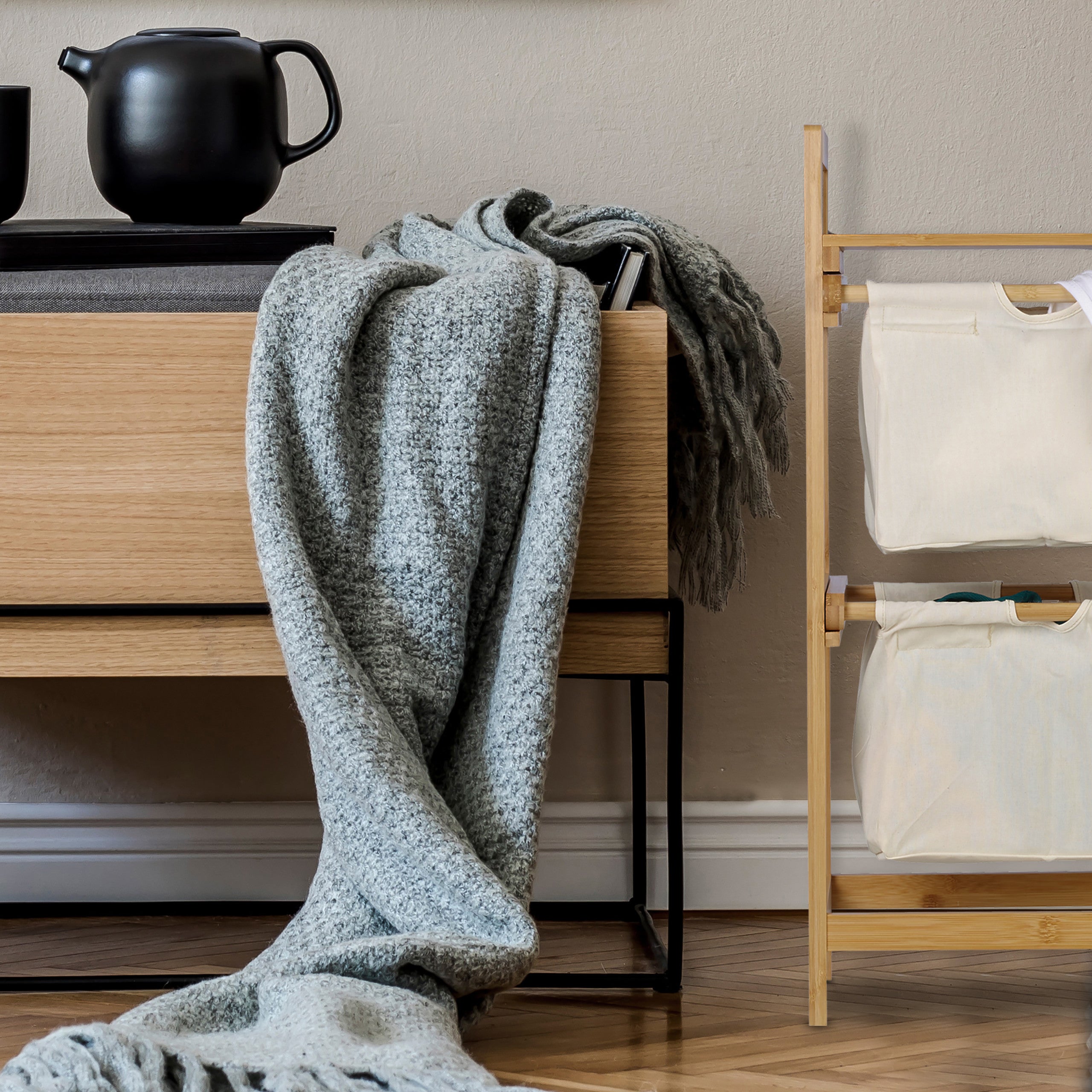 Panier à linge bambou, 2 sacs à linge, 25 L, 2 tiroirs, surface de rangement, coffre à linge, nature, Relaxdays - 5