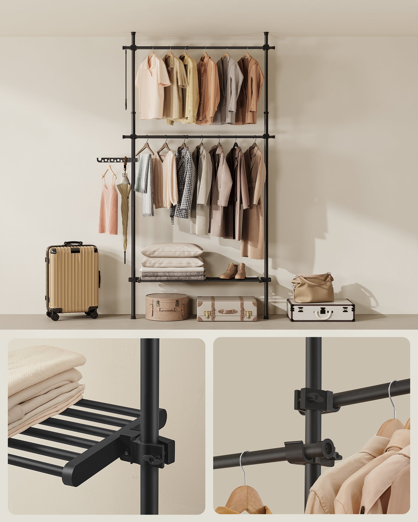 Portant à Vêtement du Sol au Plafond, Rangement 3 Niveaux, Étagère Extensible, Bras de Support Pliable, Barres Télescopiques, Noir Mat - 6