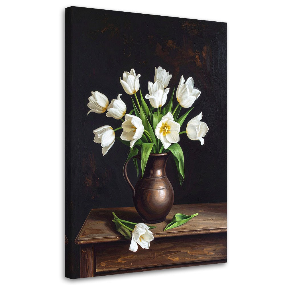 Obraz klasyczny do salonu sypialni biura, Martwa natura białe tulipany 40x60