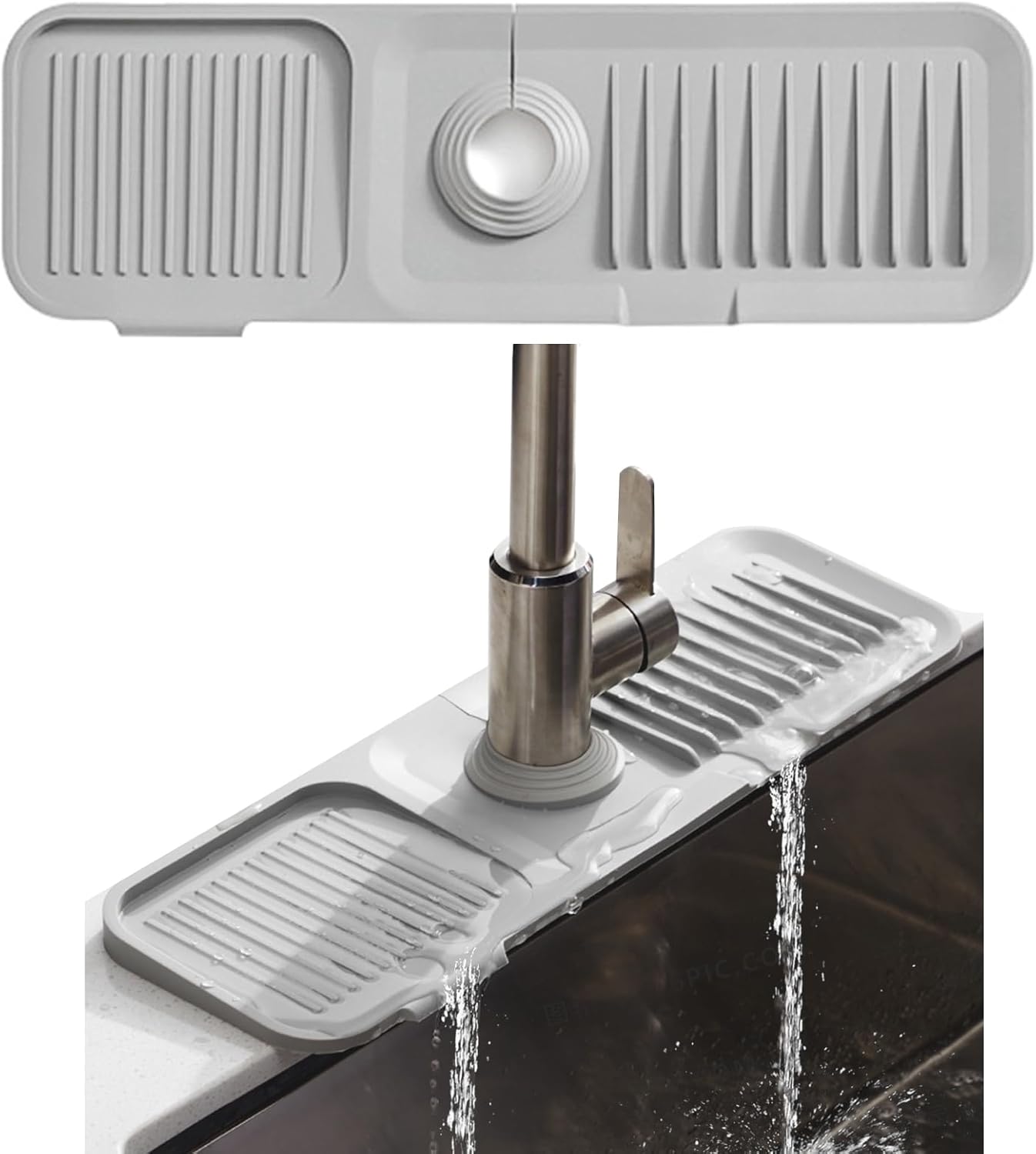 Silikonowa mata pod kran 45 x 14 cm do zlewu o średnicy od 3,5 do 6 cm, mata ociekowa na blat kuchenny i łazienkowy - Jasnoszara