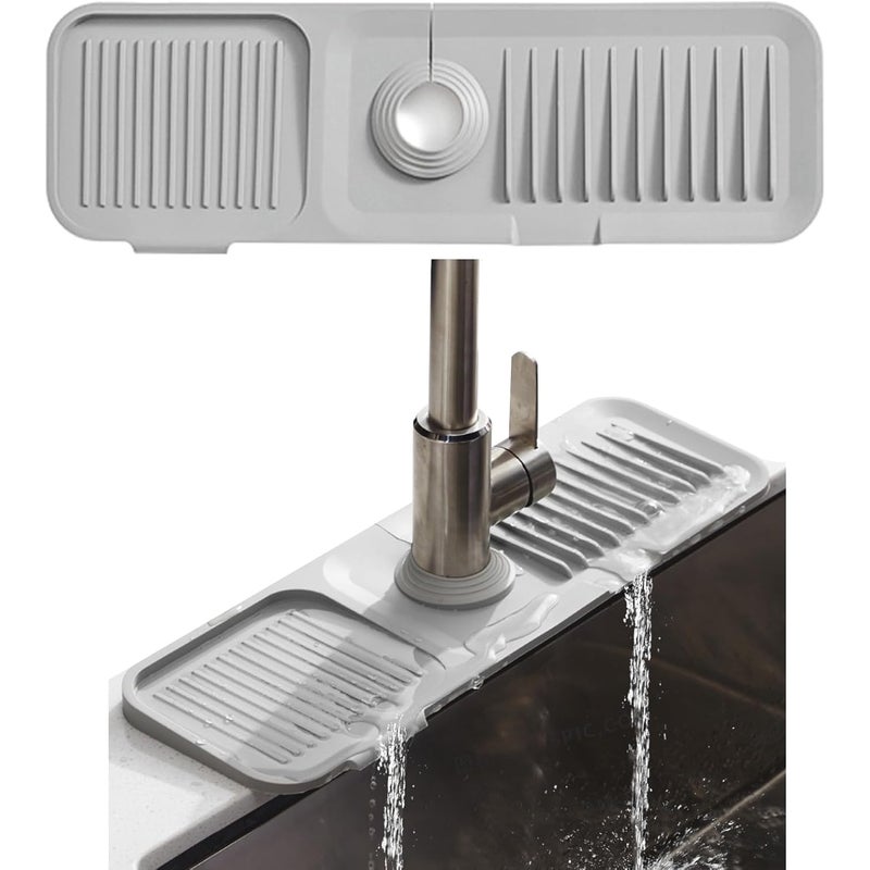 Silikonowa mata pod kran 45 x 14 cm do zlewu o średnicy od 3,5 do 6 cm, mata ociekowa na blat kuchenny i łazienkowy - Jasnoszara