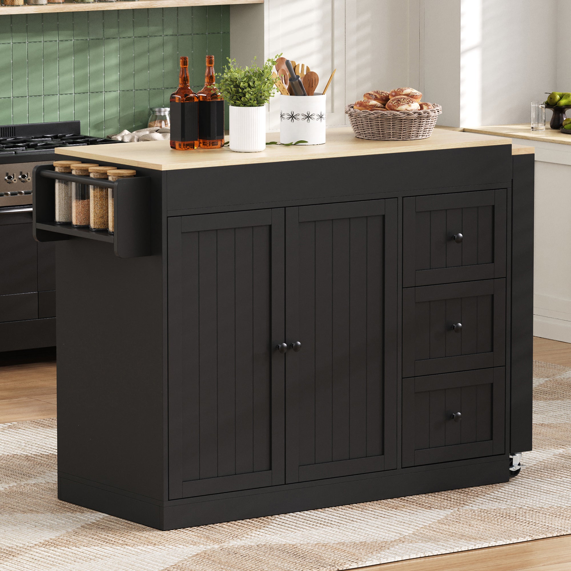 Îlot de cuisine rétractable,avec table gigogne,Bar de cuisine moderne sur roulettes,chariot de cuisine mobile avec étagère à épices et tiroir, Noir - 2
