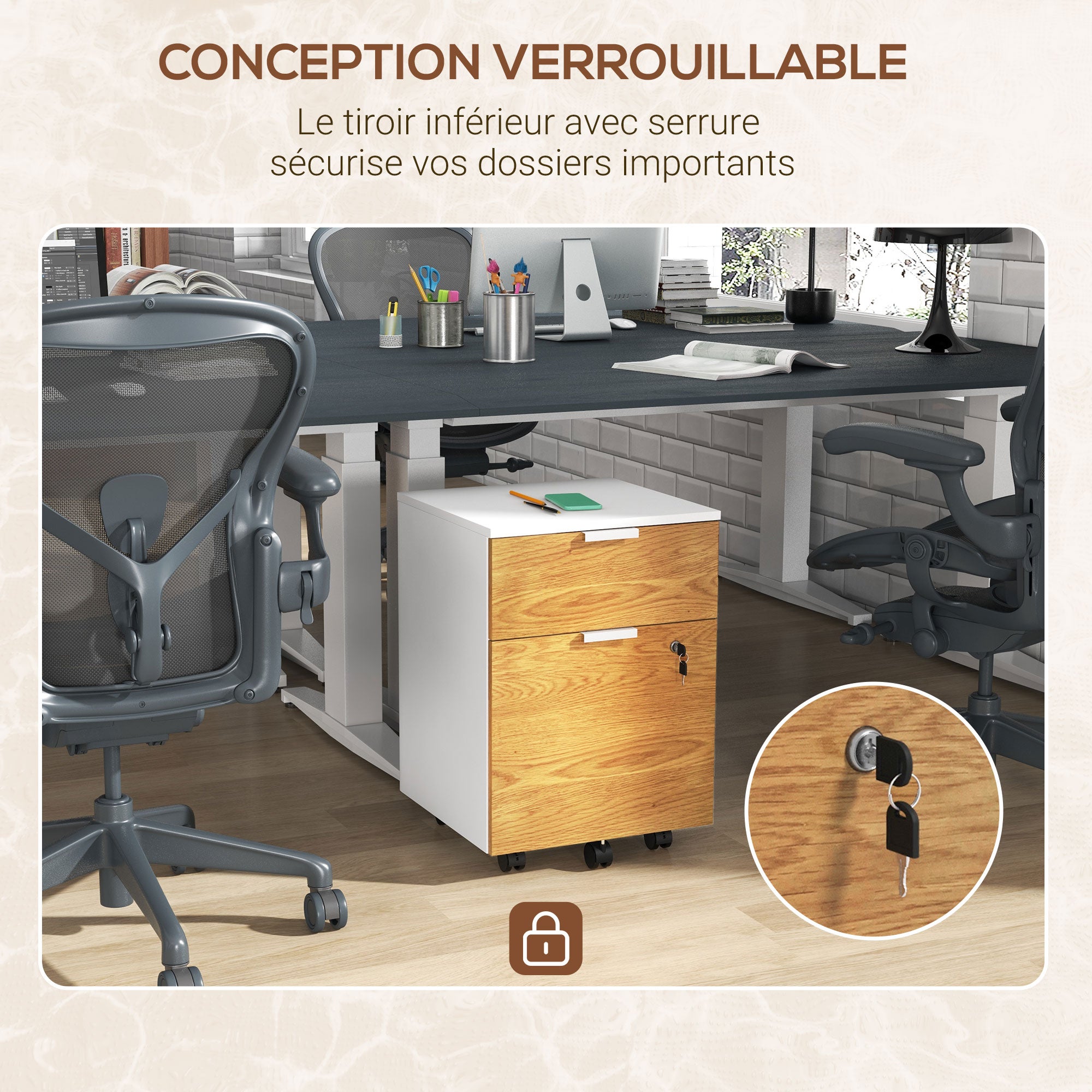 Caisson de bureau, meuble de rangement 2 tiroirs 2 barres pour dossier suspendu, verrouillable avec 2 clés 42x40x60 cm - 7