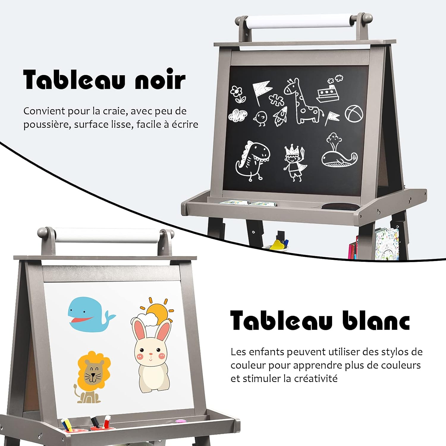Tableau Enfant Double Face, Chevalet Enfant avec Tableau Blanc/Noir Effacable, Tableau Magnétique avec Rouleau,pour 3+ Ans, Gris - 5
