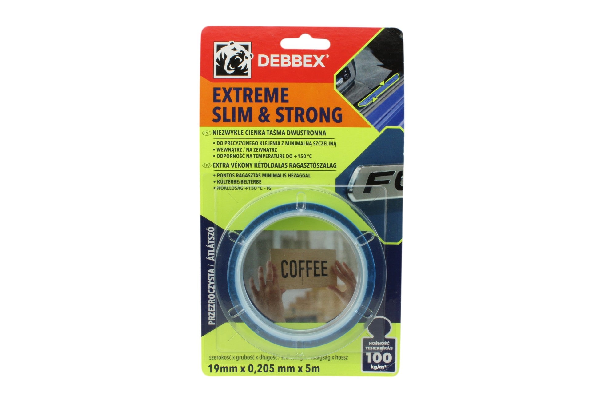 Taśma dwustronna EXTREME Slim &amp; Strong 19 mm 5 m ultra cienka 0,2 mm odporna na 150°C DISTYK