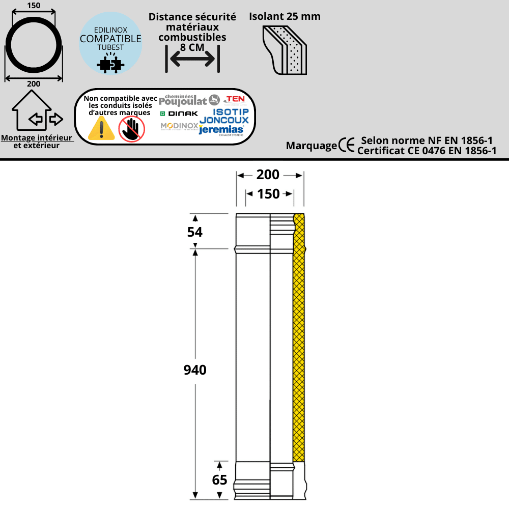 Élément 100 cm conduit double paroi isolé Edilinox - Diamètre 150 mm - 3
