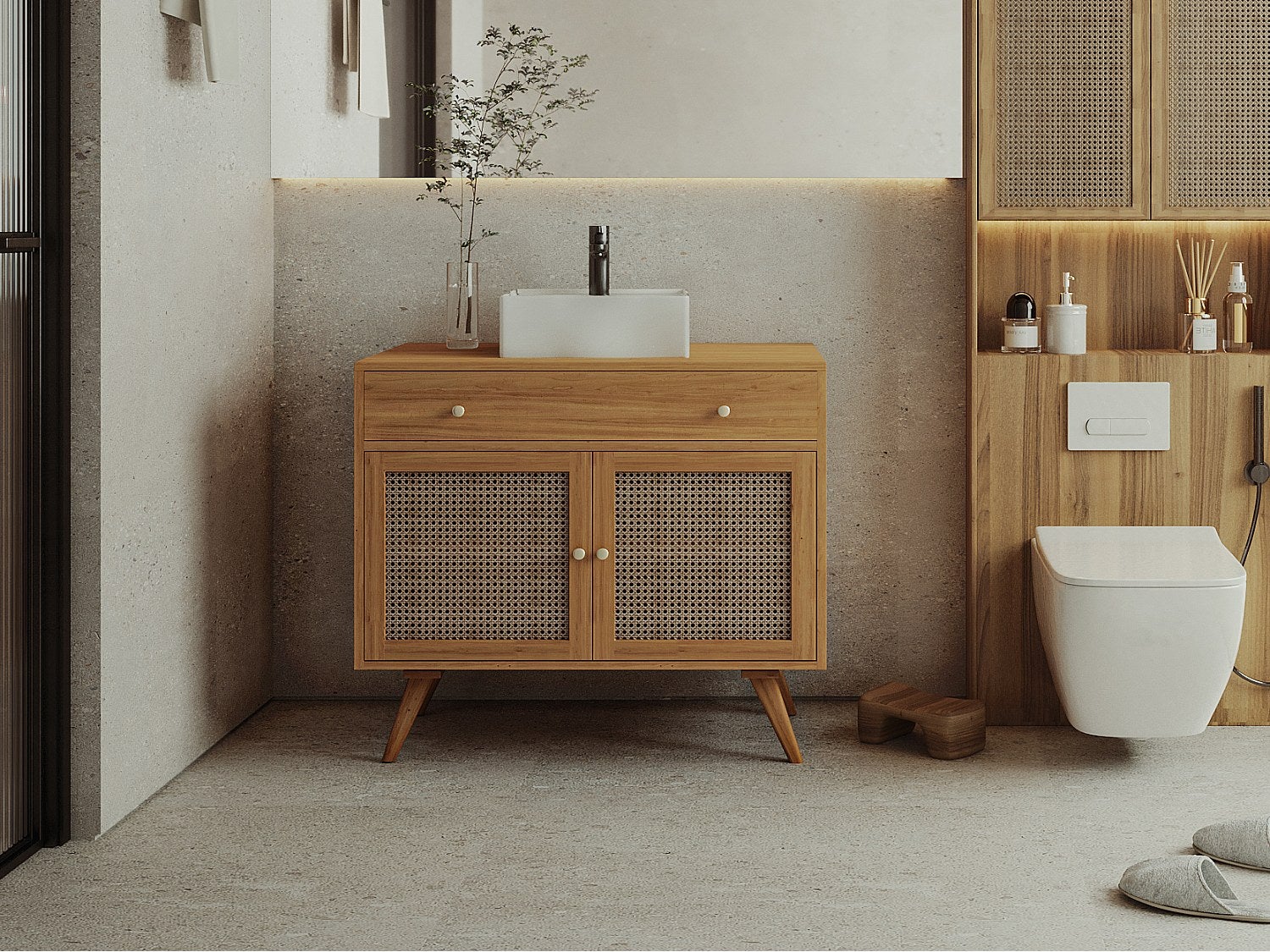 Szafka łazienkowa z jasnego drewna tekowego z plecionką i umywalką ceramiczną - 90 cm - MANSULAN