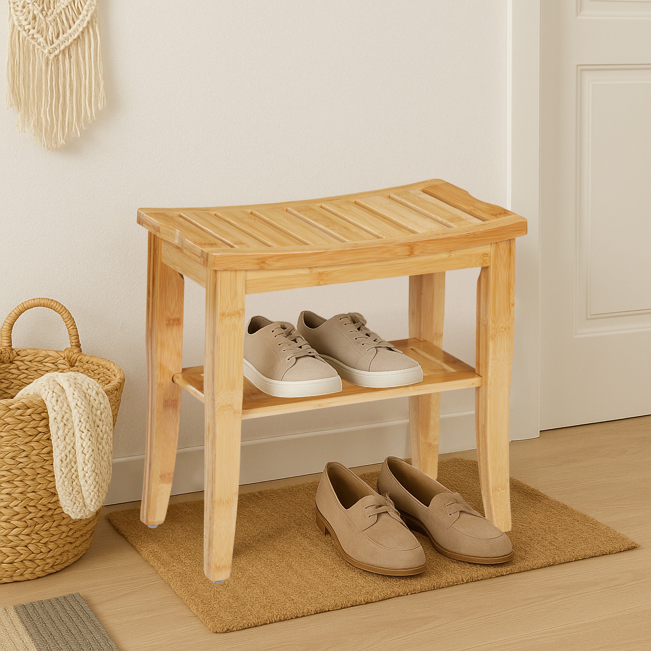 Tabouret en bambou, HxLxP: 45,5 x 48 x 25 cm, charge : 150 kg, banc en bois avec pieds antidérapants, nature, Relaxdays - 3