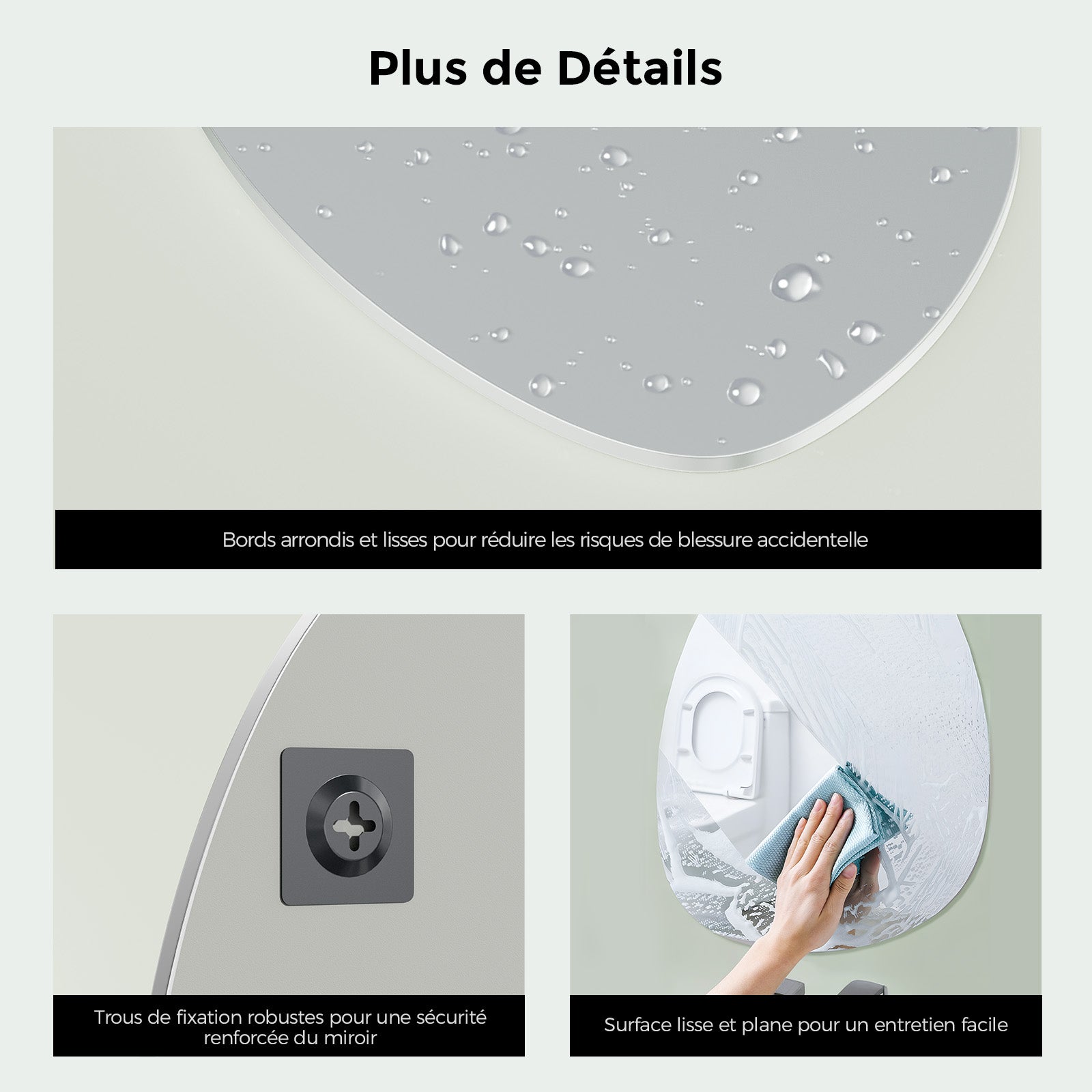 Miroir asymétrique sans cadre 60 × 45 cm, miroir mural anti-humidité pour salle de bains, bords polis, installation verticale ou horizontale - 5