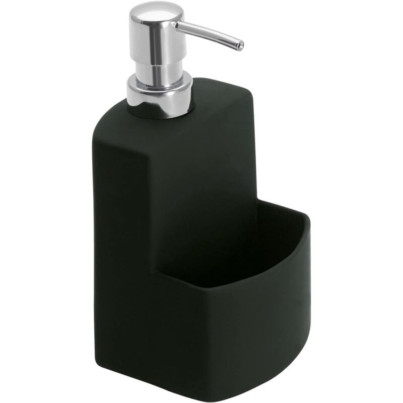 Dozator de detergent de vase/săpun lichid, din ceramică neagră, 380 ml, 10 x 18 x 10 cm, cu suport pentru burete