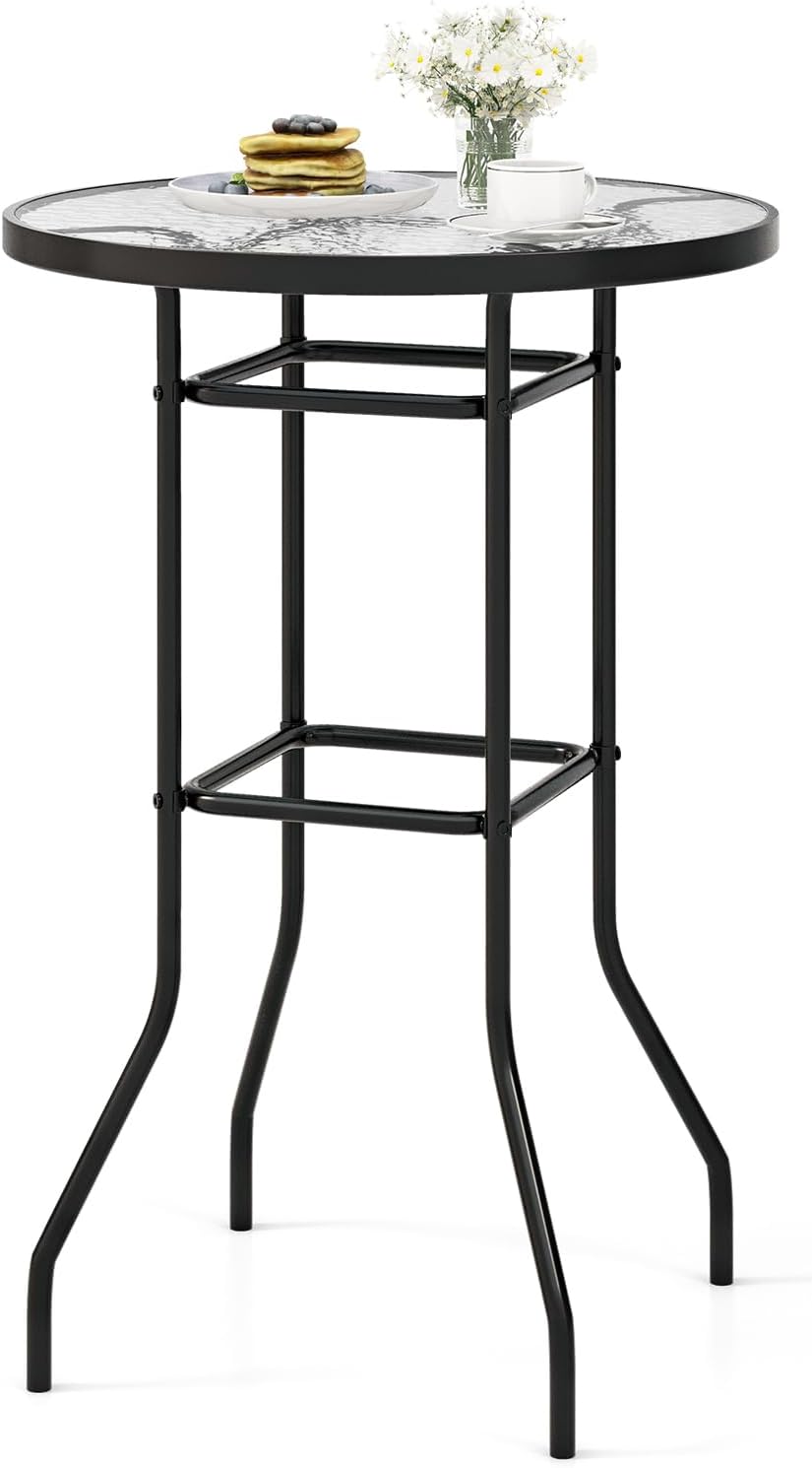 Okrągły Wysoki Stół Barowy Ø68x97CM Obciążenie 50 kg – Wysoki Stolik Dodatkowy z Metalu i Szkła Hartowanego do Zestawu Bistro