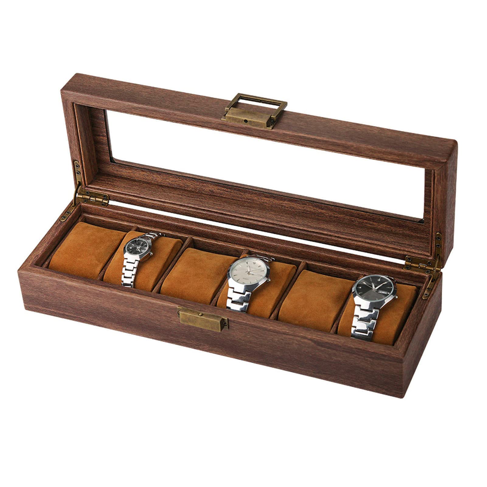 Boîte de rangement pour montres à 6 compartiments en cuir PU grainé de bois, boîte de protection verrouillable pour montres-bracelets - 4