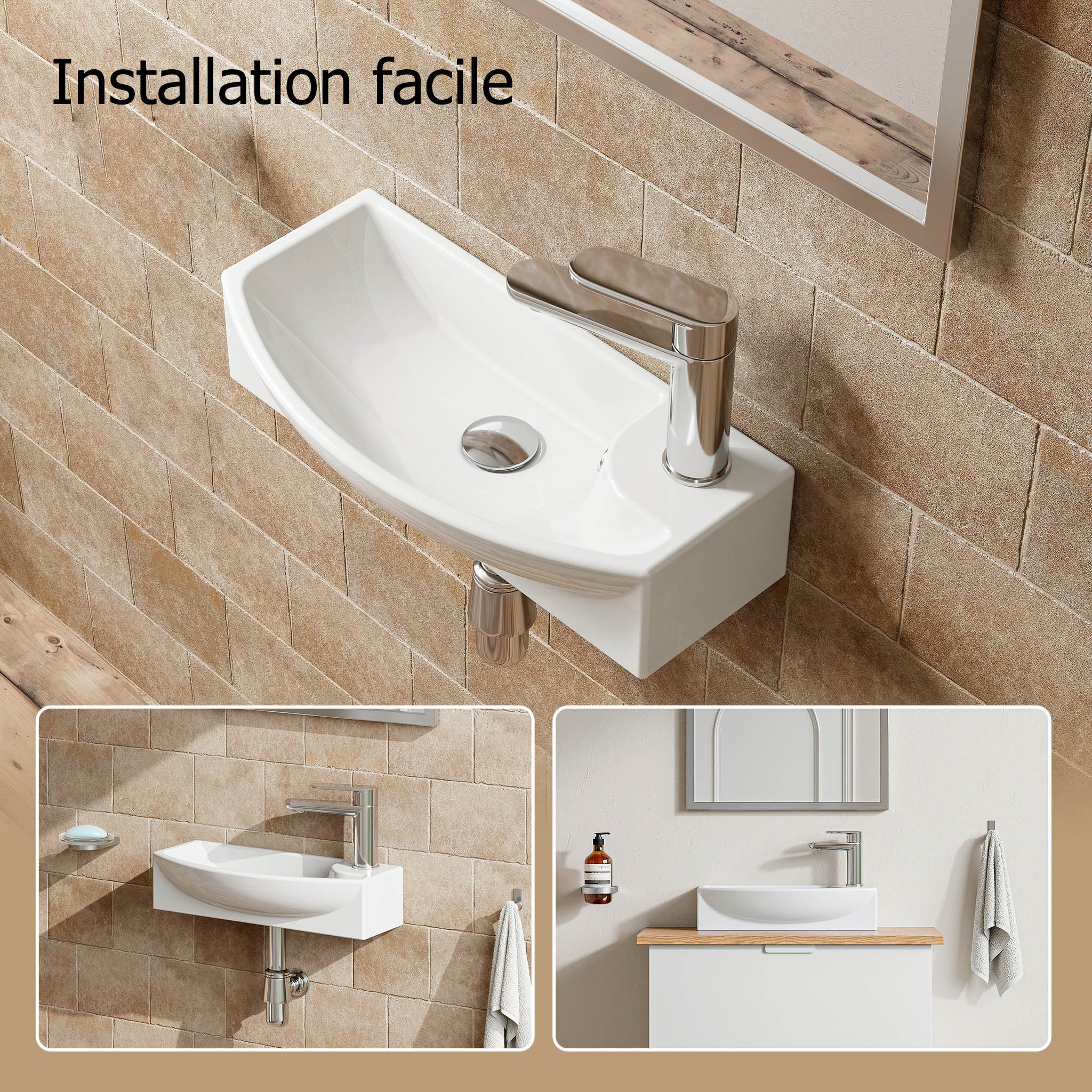 Lavabo mural, vasque à poser, lave-mains mural, vasque 45,4 x 22,6 x 12,9 cm avec trou pour robinet et trop-plein HOROW - 2