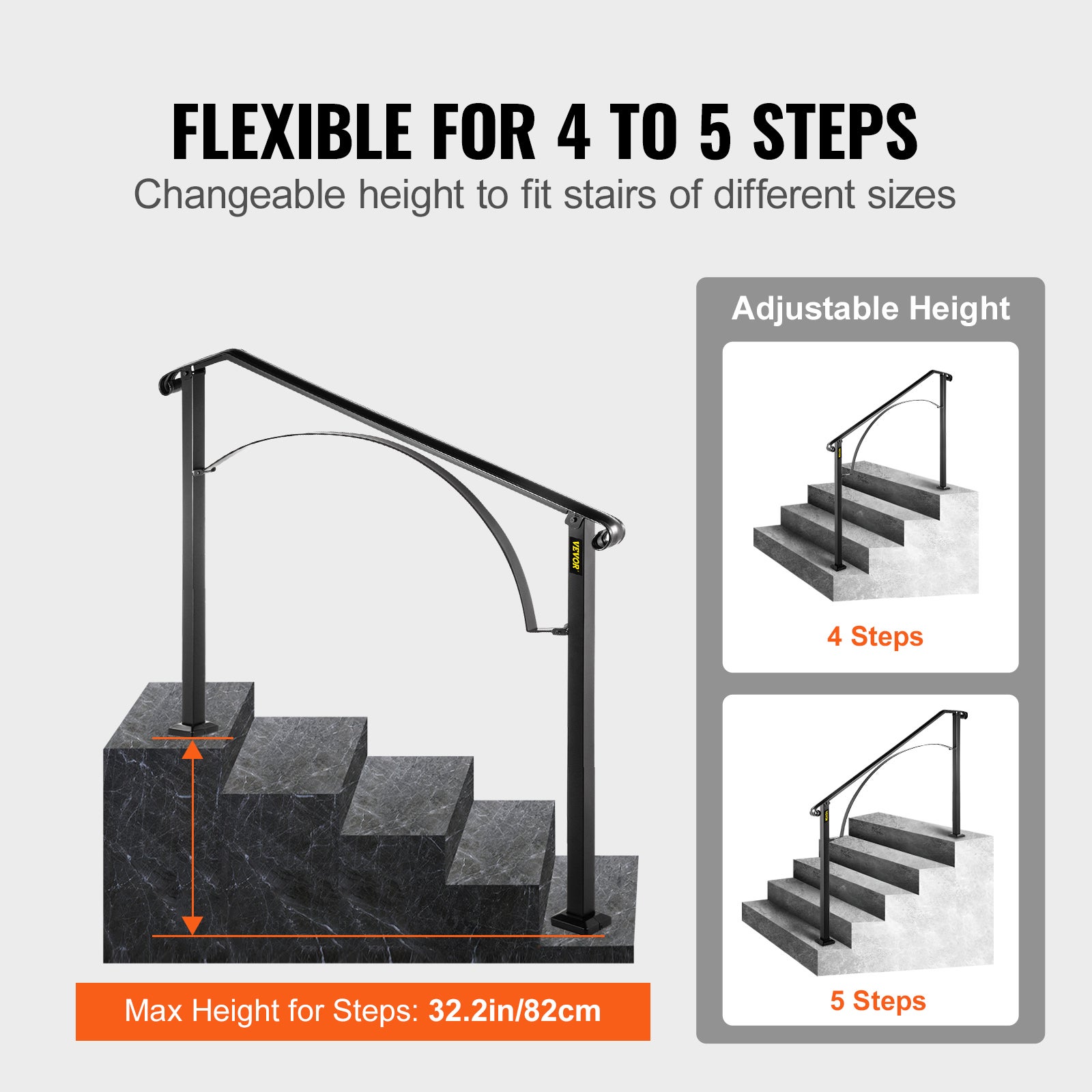 Rampe D’escalier Arche en Fer Forgé VEVOR 4-5 Marches Hauteur Flexible Garde-corps pour Escalier Main Courante pour Jardin Extérieur et Intérieur - 4