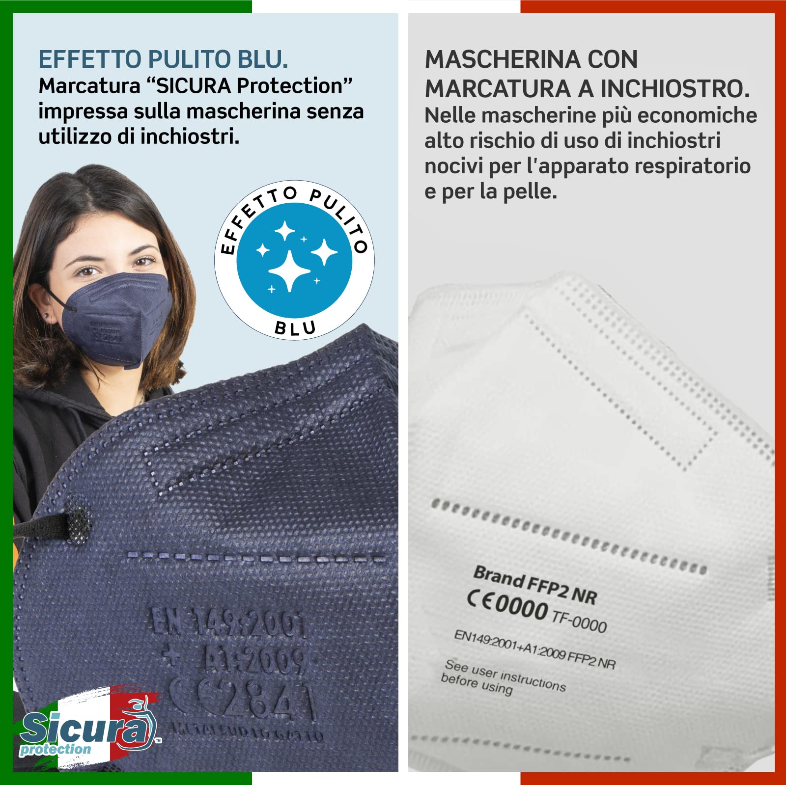 50 Mascherine FFP2 Certificate CE BLU con Elastici Neri SICURA logo impresso BFE ≥99% Made in Italy Mascherina ffp2 SANIFICATA e sigillata singolarm - 2