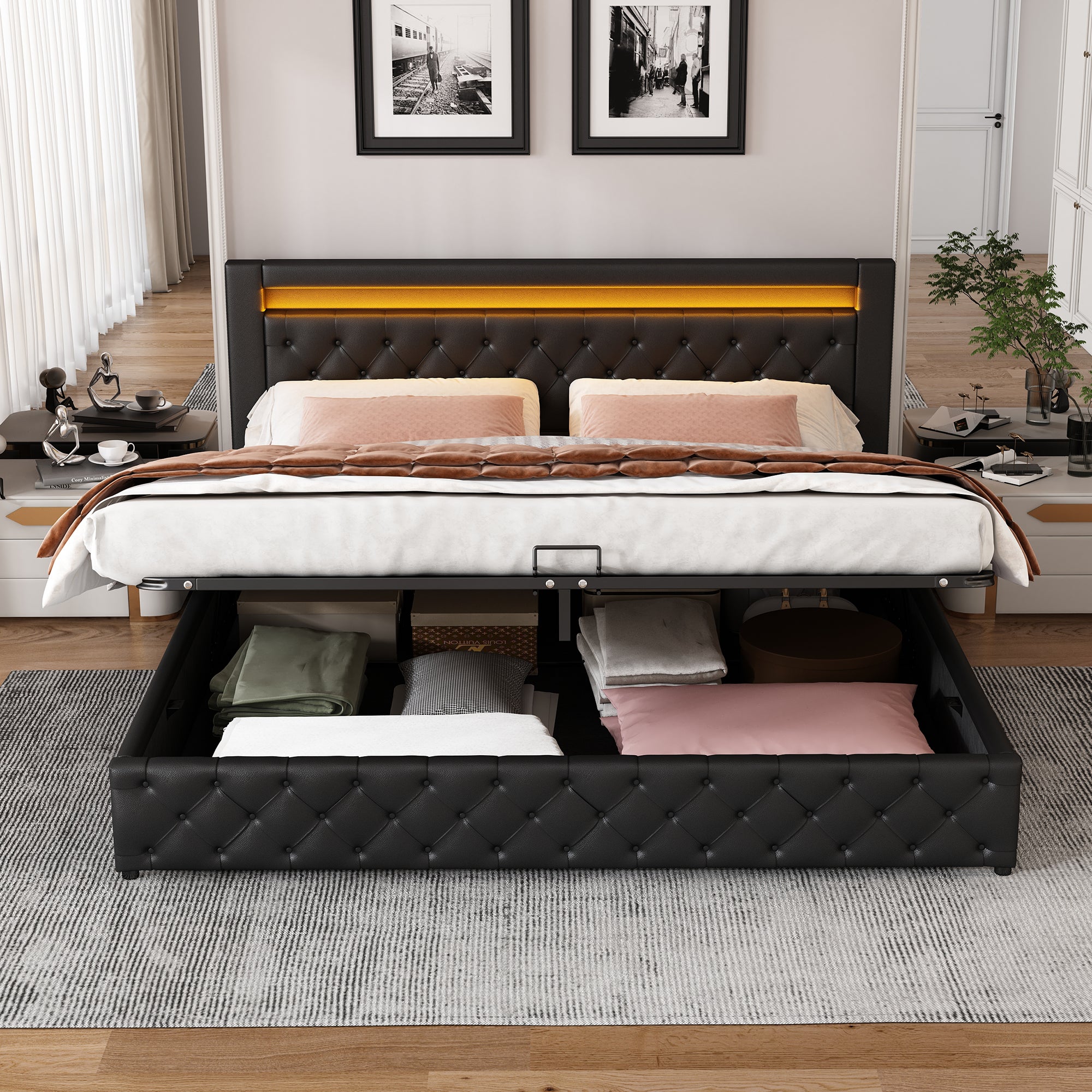 Cama contenedor con cabecero - 160 x 200 cm - Cuero PU y LED - Somier de láminas - Estilo contemporáneo - Negro - 4