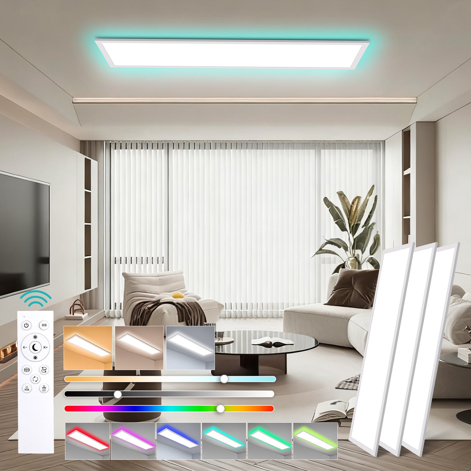 LOVHAUS 3PCS Lampa Sufitowa LED 30W Biała 100x25 cm, Panel LED Sufitowy Prostokątny Ściemniający RGB do Salonu, Biura, Kuchni Wewnętrznej z Pilotem