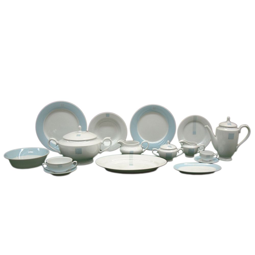 Juego de vajilla de lujo de porcelana blanca (83 piezas) aqua, diseño moderno, azul y blanco