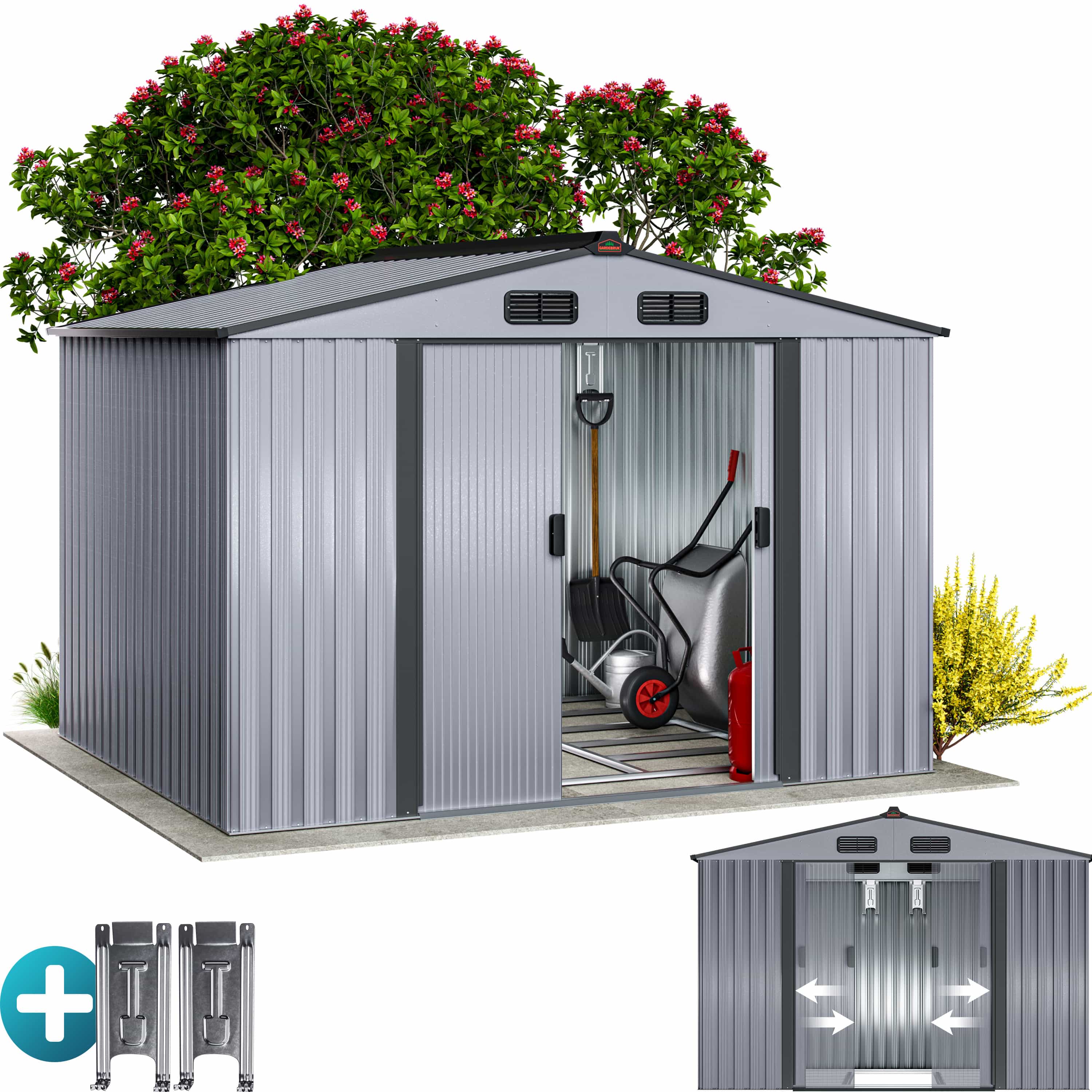 Abri De Jardin Métal 184x119x186 Cm Toit En Pente Porte Coulissante - Rangement Outils Gris Avec Serrure