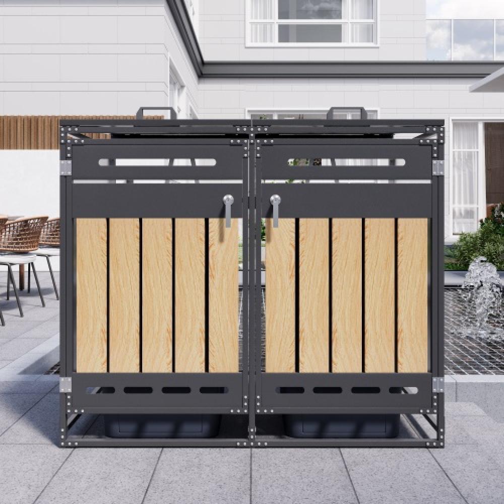 Cubrecontenedor con tapa hidráulica, paneles madera vertical, ventilación, armario metálico con cerradura