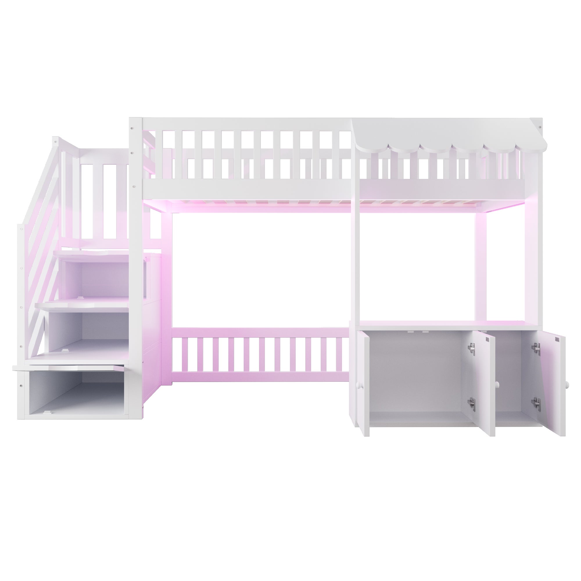 Lit mezzanine bois 90x200cm,avec Lumières LED,Conception des avant-toits,Lit mezzanine enfant avec casiers et escalier de sécurité,Blanc,Sans matelas - 7