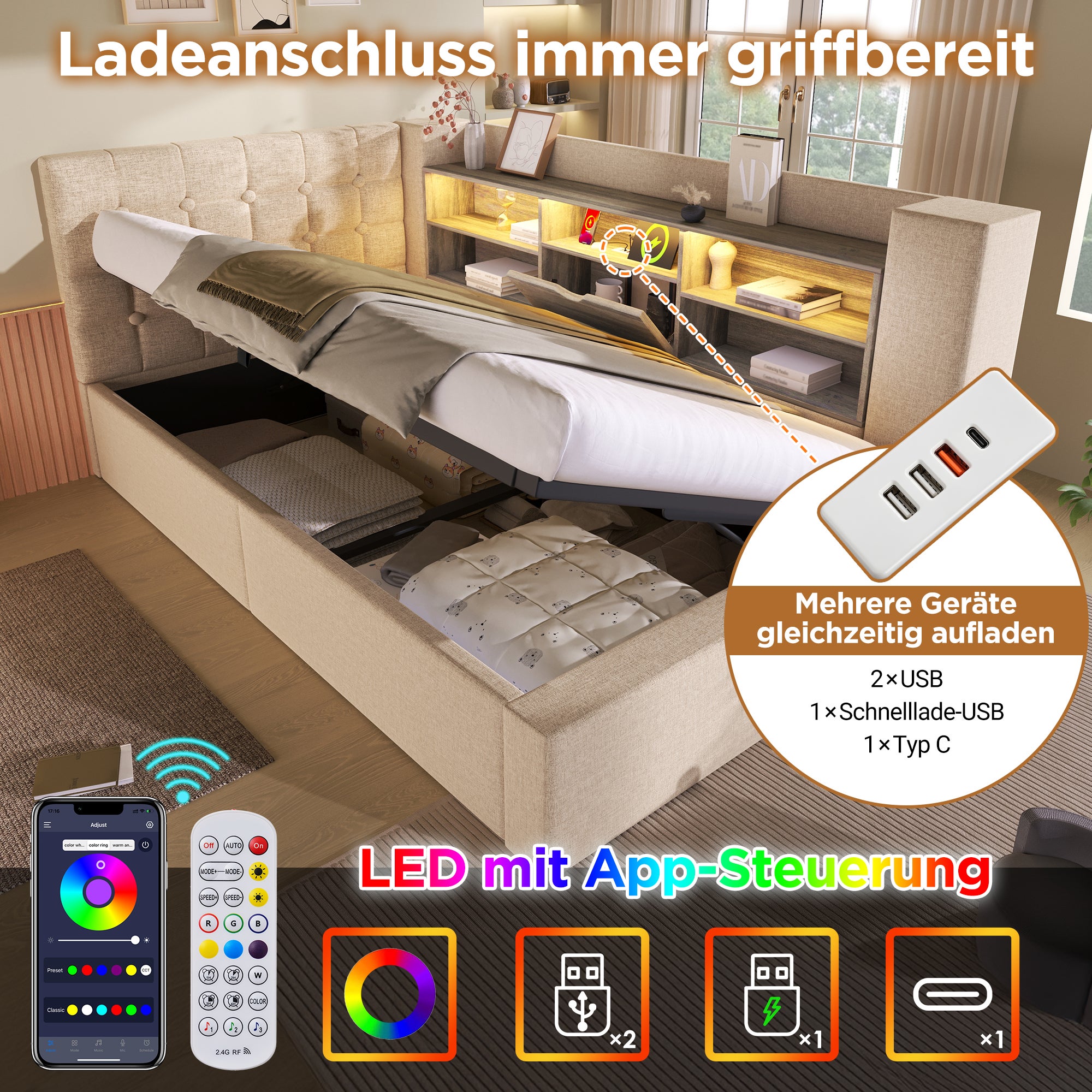 Łóżko z pojemnikiem 90 x 200 cm i 6 przegródkami – tkanina lniana – diody LED i porty USB – beżowe (materac nie jest dołączony) - 3