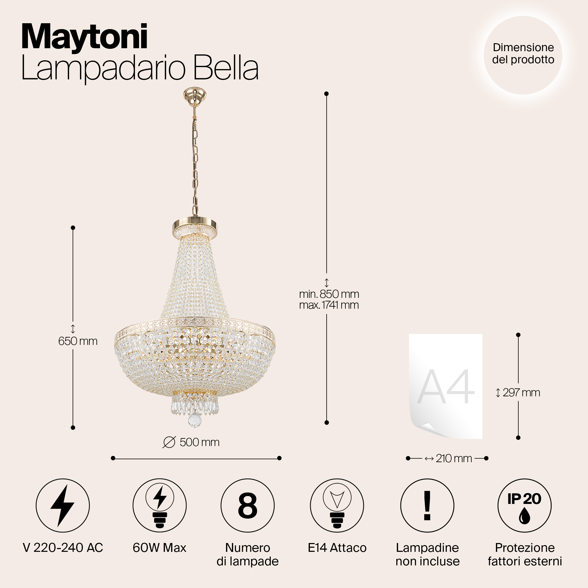 Lustre Bella Royal Classique, Armature en Métal de Couleur Doré, en Cristal, Suspension pour Salon - 2