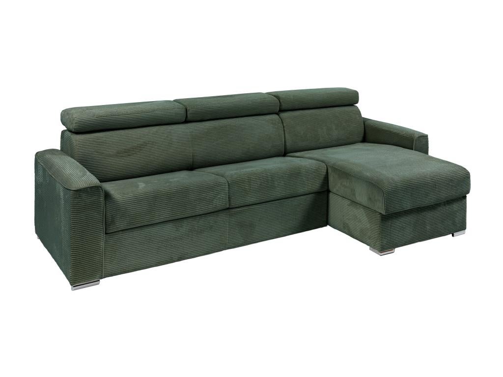 Kanapa narożna dwustronna rozkładana typu express z zielonego sztruksu - Miejsce do spania z szerokimi listewkami 140 cm - Materac 18 cm - VIZIR