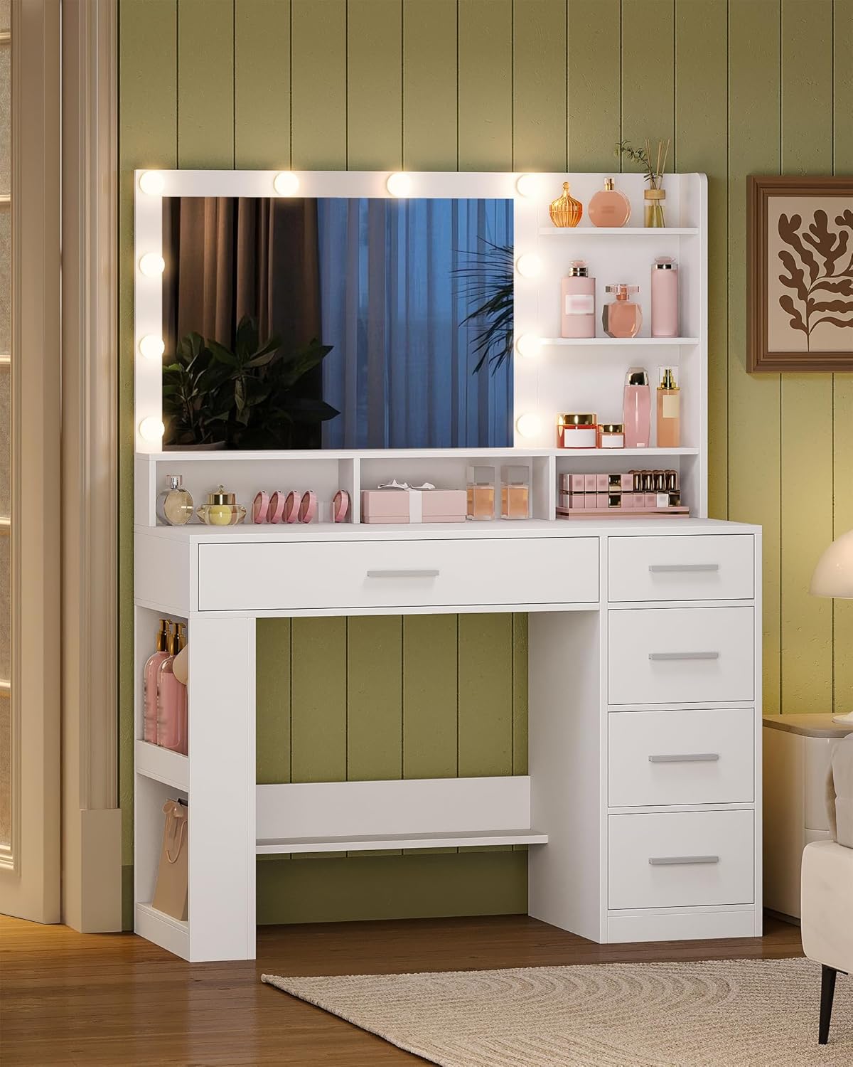 108 cm Coiffeuse avec Grand Miroir HD, Éclairage LED, 6 Compartiments Ouverts, 5 Tiroirs Et Rangement Latéral Ouvert, Simple, Blanc - 3