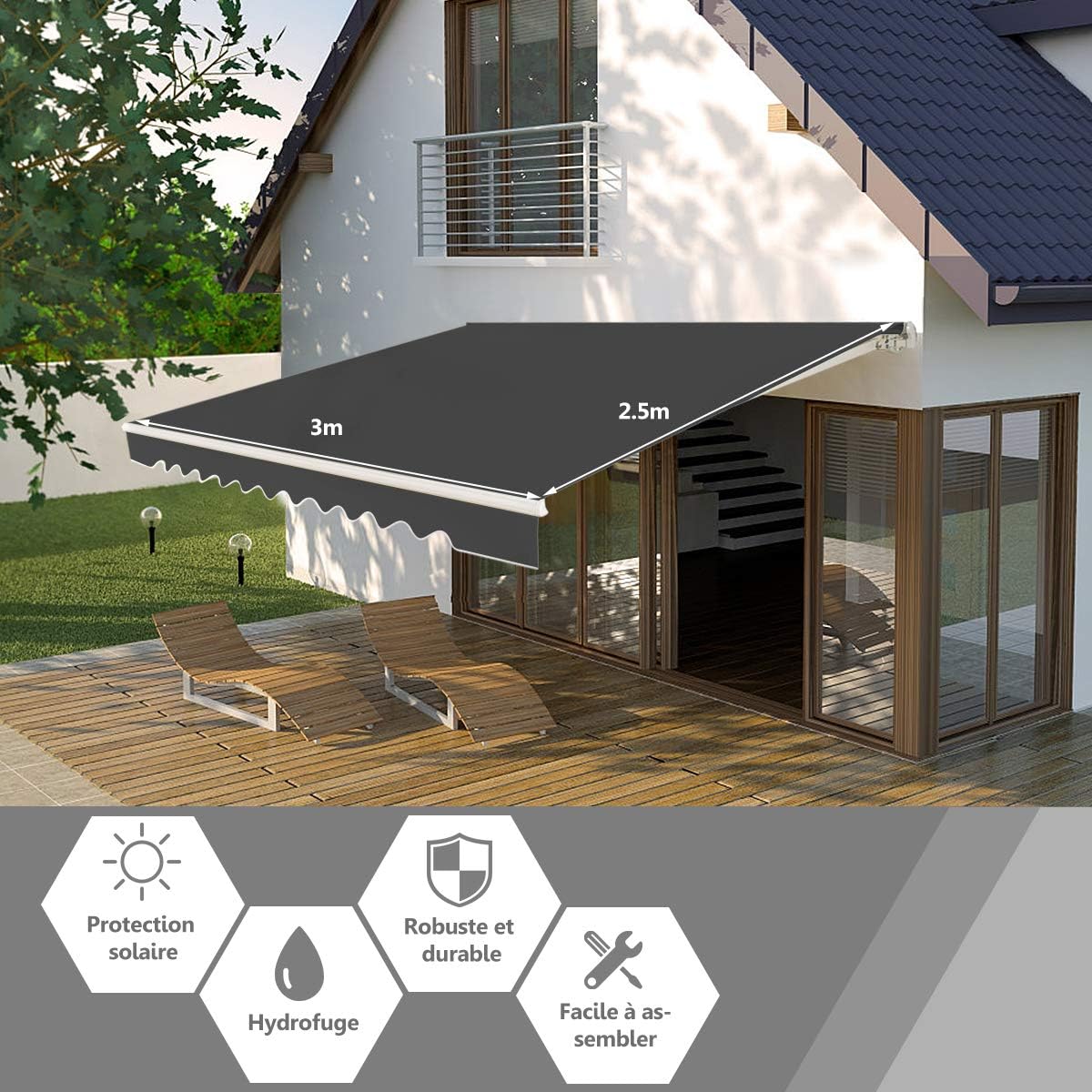 Store Banne de Balcon Rétractable avec Tissu Résistant aux UV et à l'eau, Cadre en Aluminium, Réglable 5-35°,3 x 2,5 m, Gris - 6