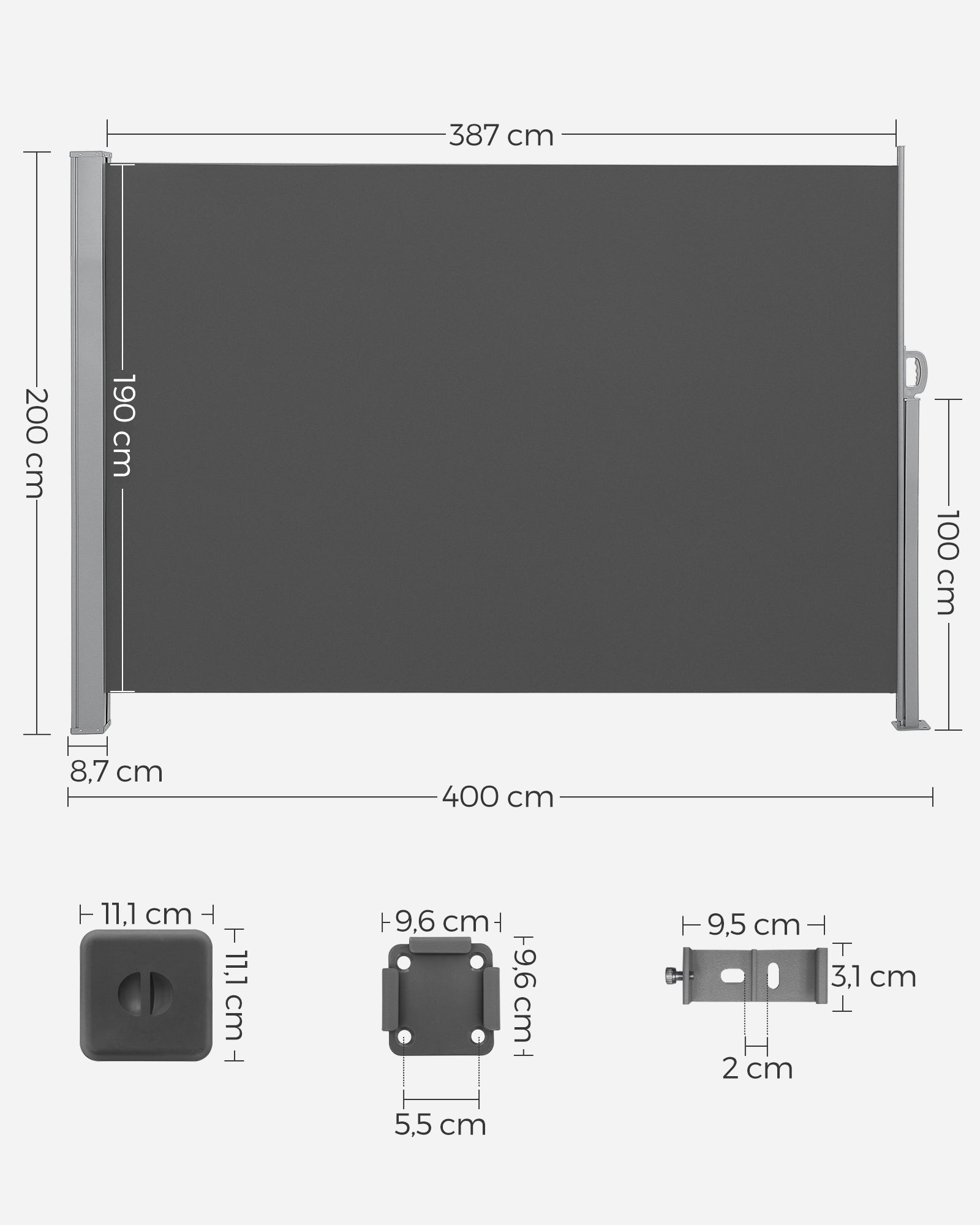 Paravent extérieur 200 x 400 cm (H x L), Store latéral Brise-vue Paravent retractable - Gris Anthracite - 4