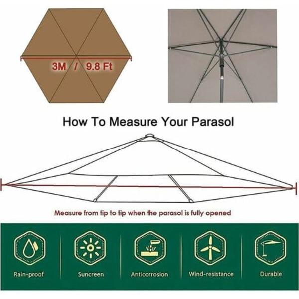 Housse de parasol 6 baleines 3 m imperméable protection UV toile de rechange (3 m / 9,8 pi, kaki) - 4