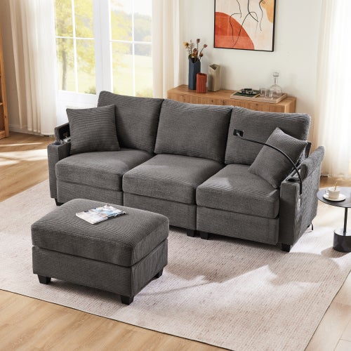 Canapé d'angle en L convertible 3 places avec repose-pieds,porte-gobelet,chargeur USB,rangement dans l'accoudoir et 2 coussins,idéal pour salon,b - 4