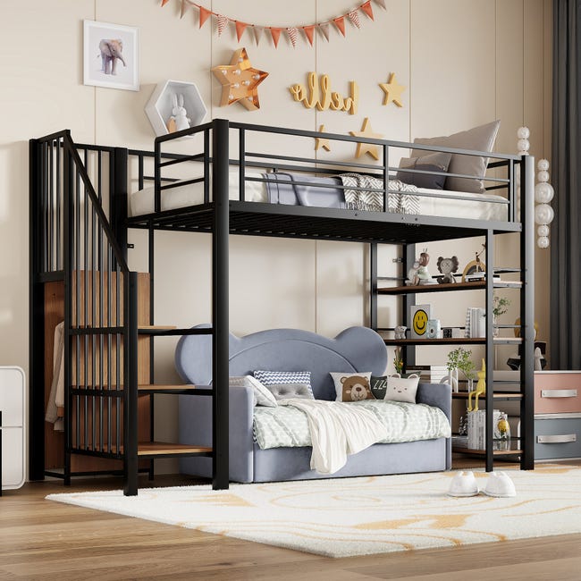 Lit mezzanine en bois massif 90x200 cm escalier avec rangements, lit simple enfant, structure en bois massif, noir - Maison Lit mezzanine en bois massif 90x200 cm escalier avec rangements, lit simple enfant, structure en bois massif, noir - Maison