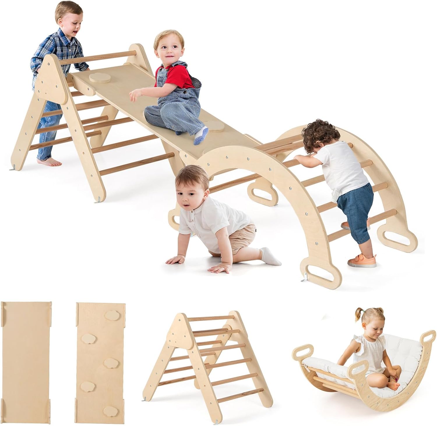 7 w 1 Łuk Trójkątny Montessori z Poduszką, do Wspinania z Drewnianą Zjeżdżalnią i Rampą, dla Niemowląt od 1 Roku Życia, Kolor Naturalny