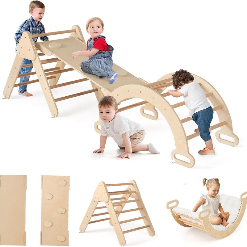 7 w 1 Łuk Trójkątny Montessori z Poduszką, do Wspinania z Drewnianą Zjeżdżalnią i Rampą, dla Niemowląt od 1 Roku Życia, Kolor Naturalny