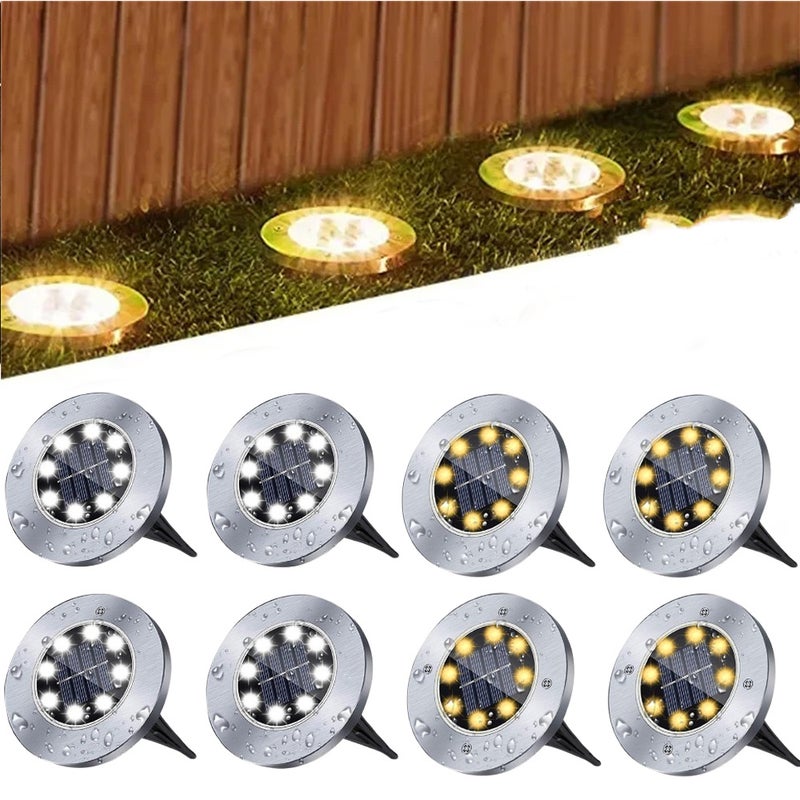 Zestaw 8 lamp solarnych, 8 diod LED, wpuszczane reflektory do ogrodu, trawnika, dekoracji, ciepła biel