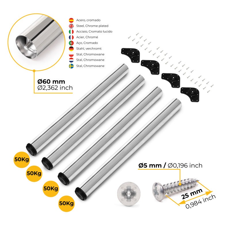 Emuca Lot de 4 pieds de table, diamètre 60mm, H 710mm, Acier, Chromé - 9